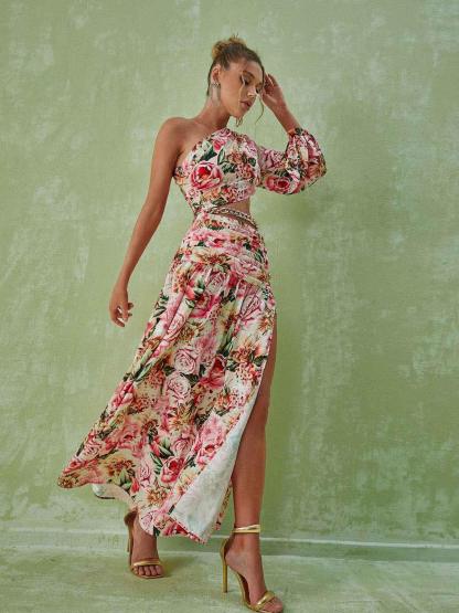 Annabella One Shoulder Floral Cutout Maxi Dress In Pink | Mix Mix Style [Hot Seller]-Mix MIx Style