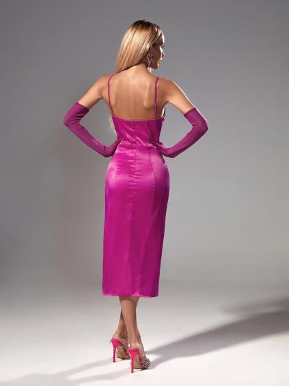 Satin Midi Slit Dress In Hot Pink | Mix Mix Style [Hot Seller]-Mix MIx Style