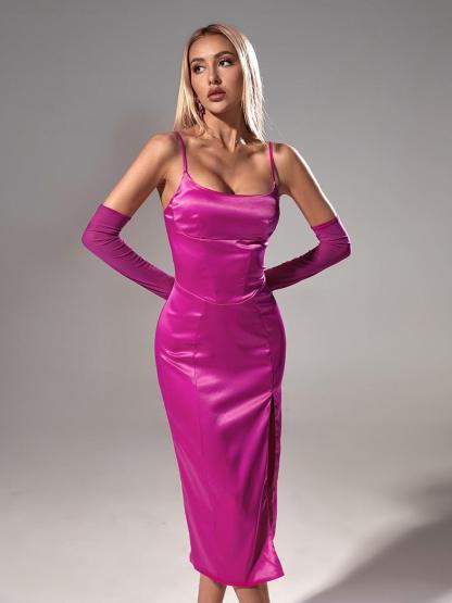 Satin Midi Slit Dress In Hot Pink | Mix Mix Style [Hot Seller]-Mix MIx Style