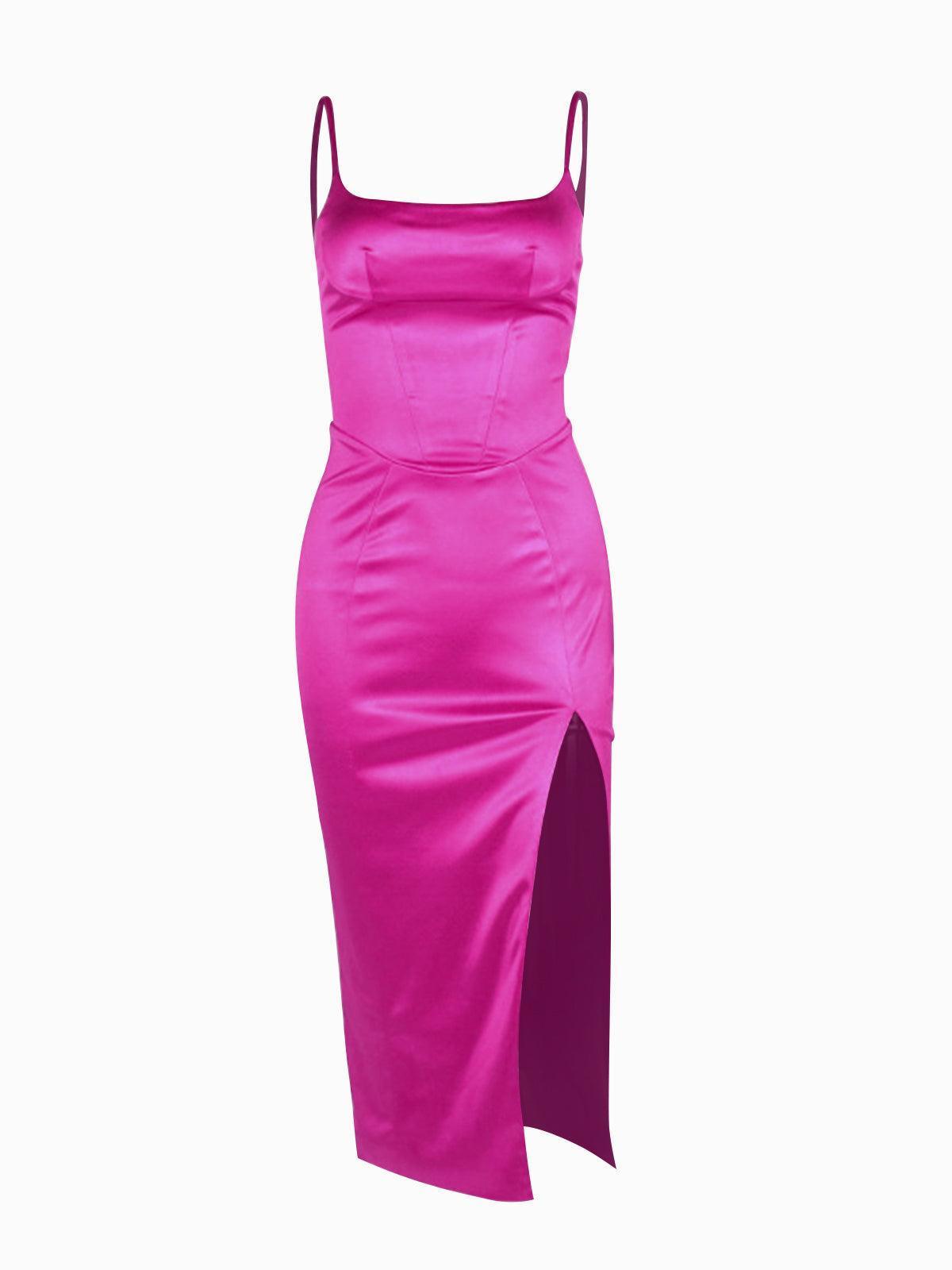Satin Midi Slit Dress In Hot Pink | Mix Mix Style [Hot Seller]-Mix MIx Style