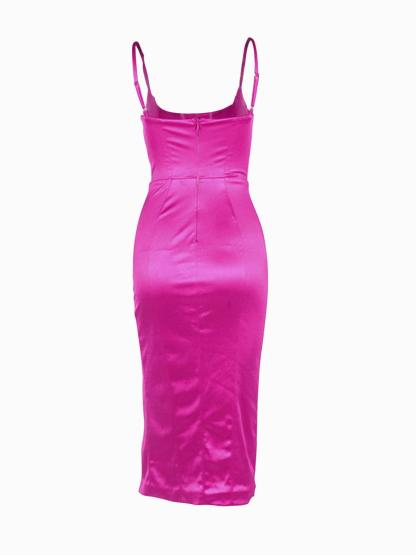 Satin Midi Slit Dress In Hot Pink | Mix Mix Style [Hot Seller]-Mix MIx Style