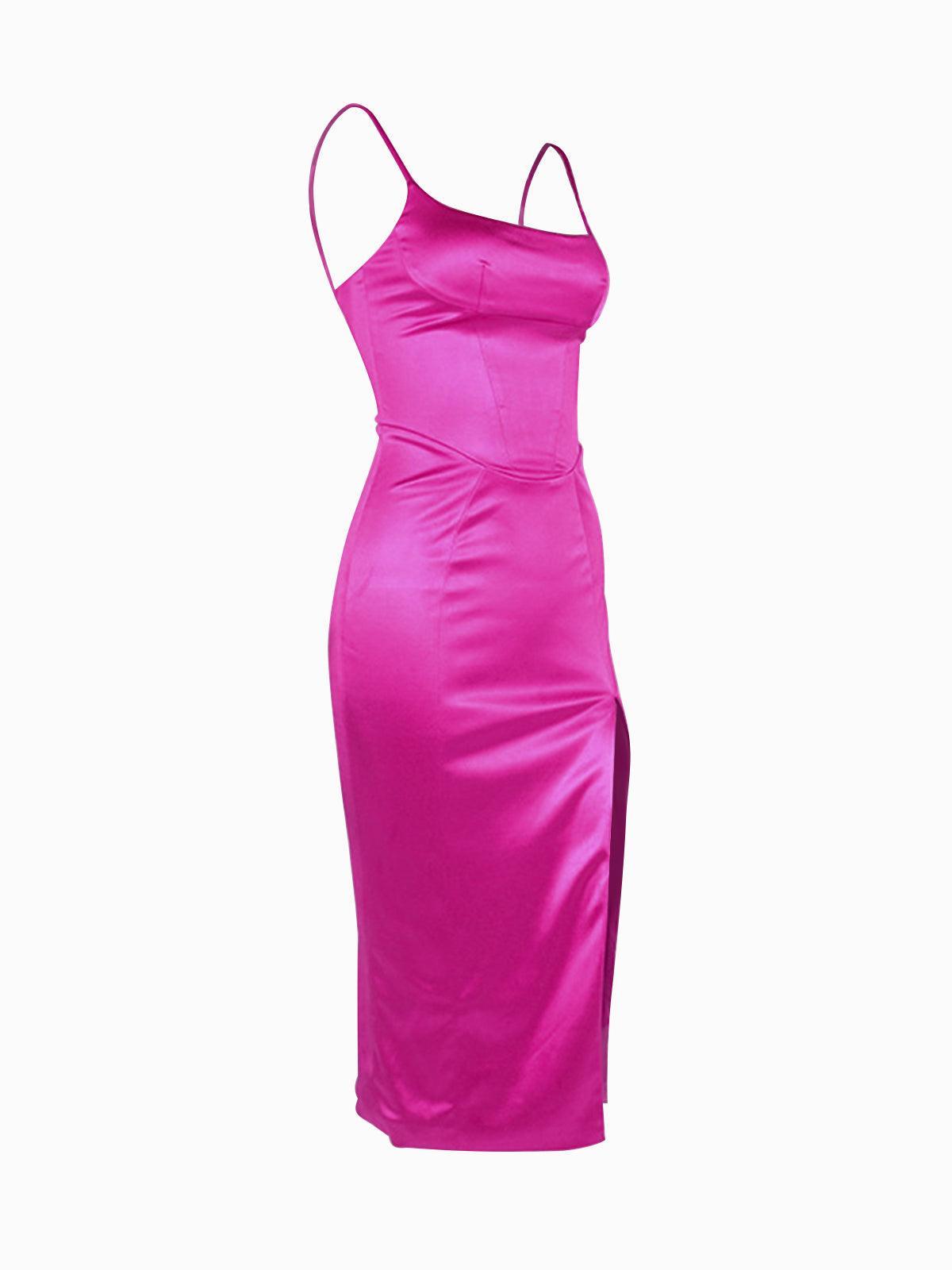 Satin Midi Slit Dress In Hot Pink | Mix Mix Style [Hot Seller]-Mix MIx Style