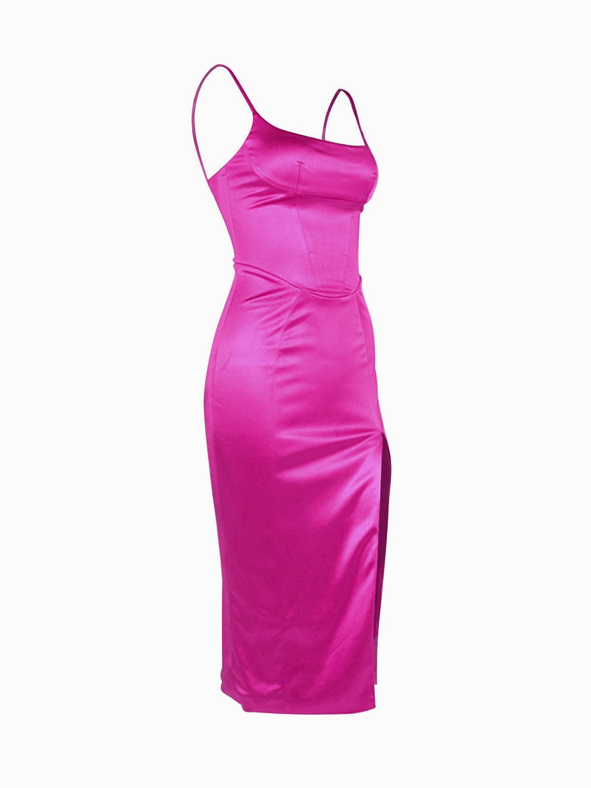 Satin Midi Slit Dress In Hot Pink | Mix Mix Style [Hot Seller]-Mix MIx Style
