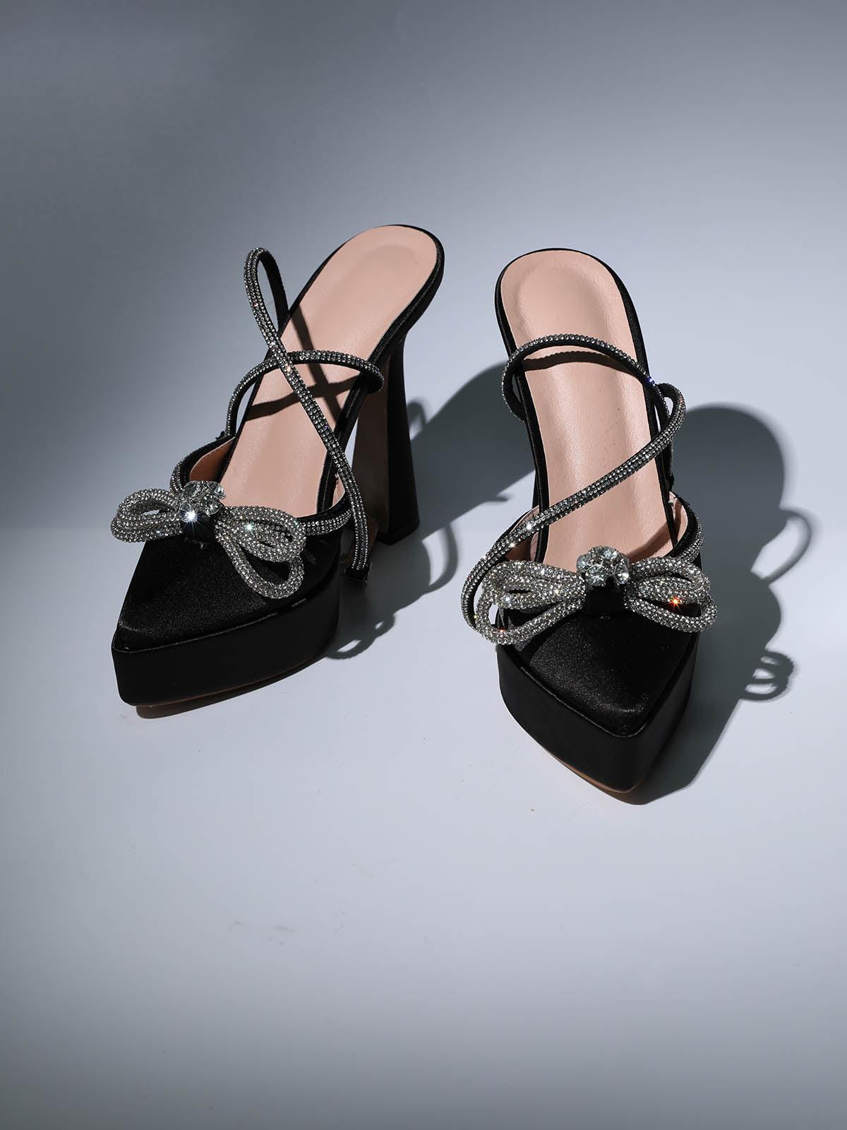 Anouk Bow Crystal Satin Heels In Black-Mix MIx Style