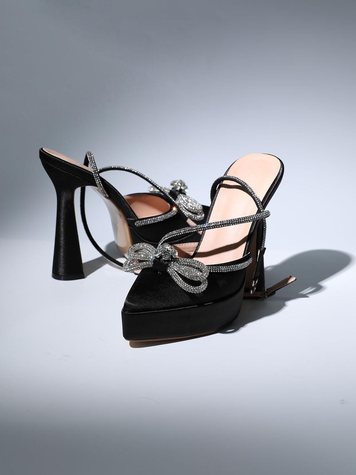 Anouk Bow Crystal Satin Heels In Black-Mix MIx Style