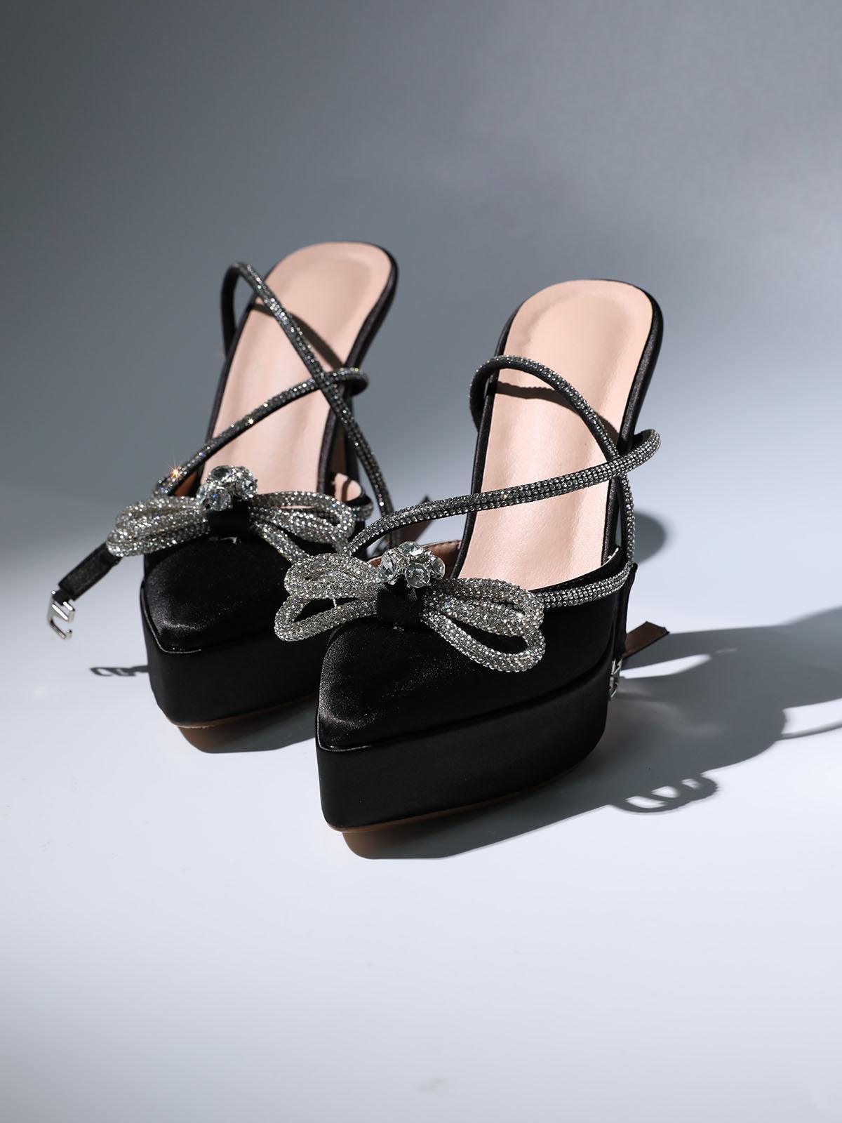 Anouk Bow Crystal Satin Heels In Black-Mix MIx Style