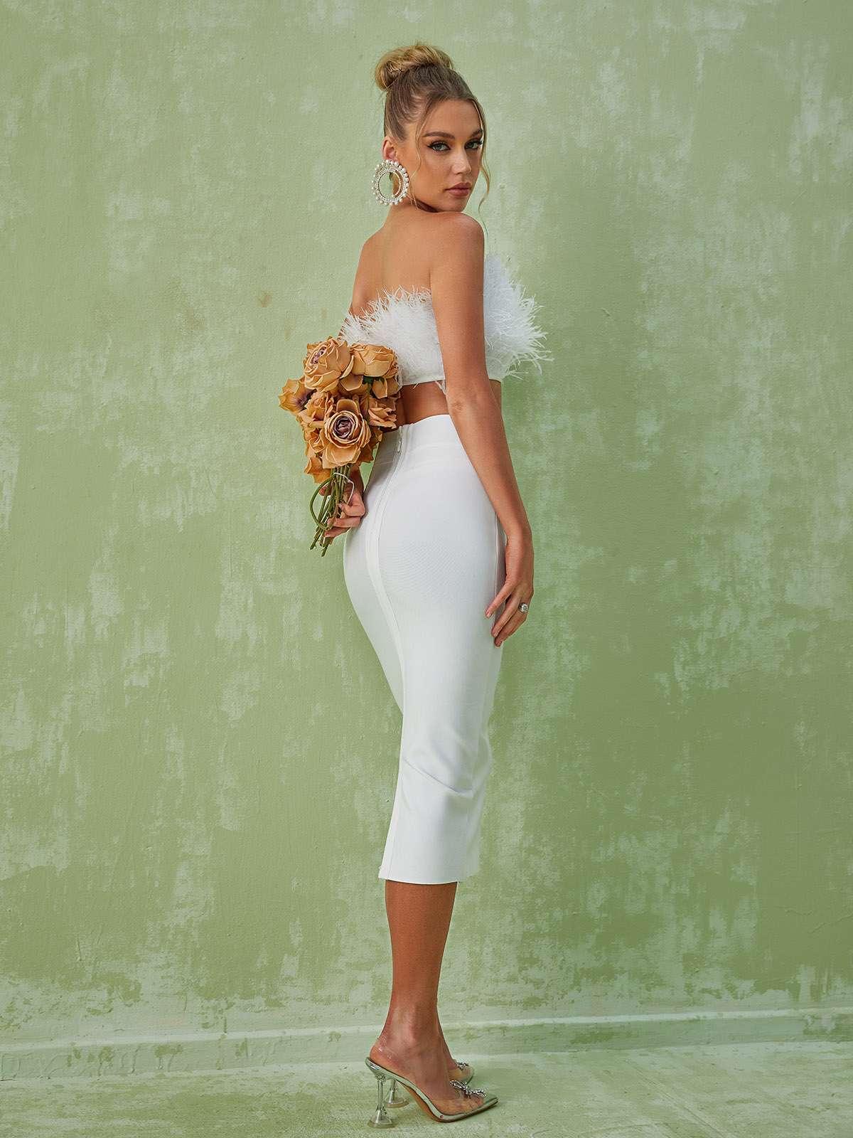 Ansley Strapless Feather Bandage Skirt Set In White| Mix Mix Style [Hot Seller]-Mix MIx Style