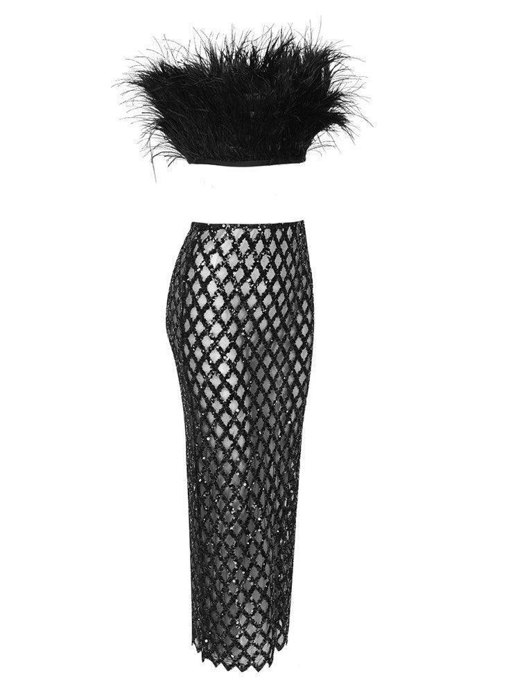 Strapless Top Feather Mesh And Midi Skirt Set In Black | Mix Mix Style [Hot Seller]-Mix MIx Style