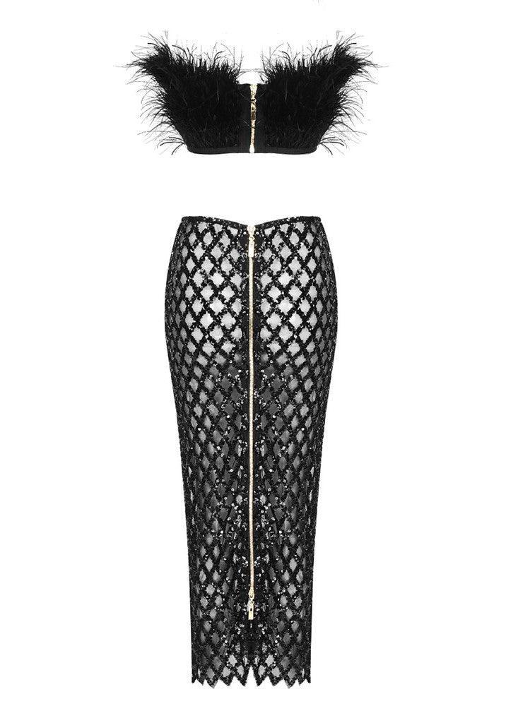 Strapless Top Feather Mesh And Midi Skirt Set In Black | Mix Mix Style [Hot Seller]-Mix MIx Style