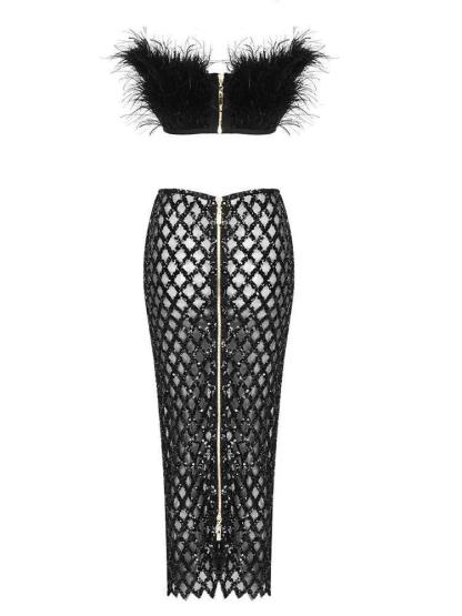 Strapless Top Feather Mesh And Midi Skirt Set In Black | Mix Mix Style [Hot Seller]-Mix MIx Style