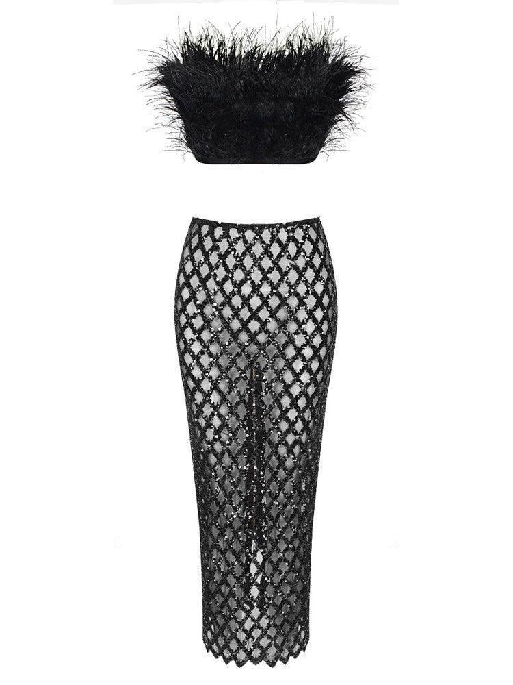 Strapless Top Feather Mesh And Midi Skirt Set In Black | Mix Mix Style [Hot Seller]-Mix MIx Style