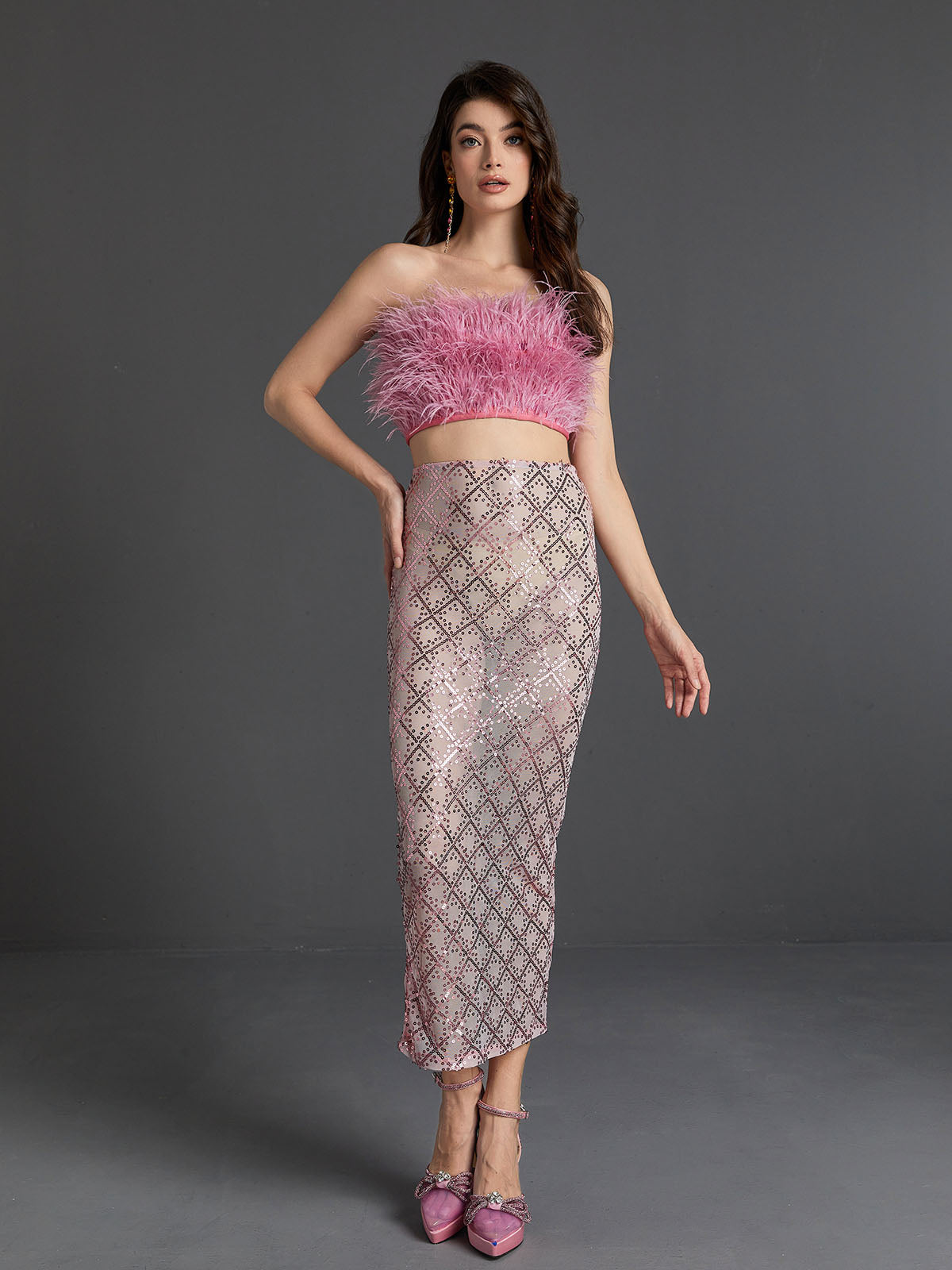 Ansley Strapless Feather Mesh Skirt Set In Pink | Mix Mix Style [Hot Seller]-Mix MIx Style