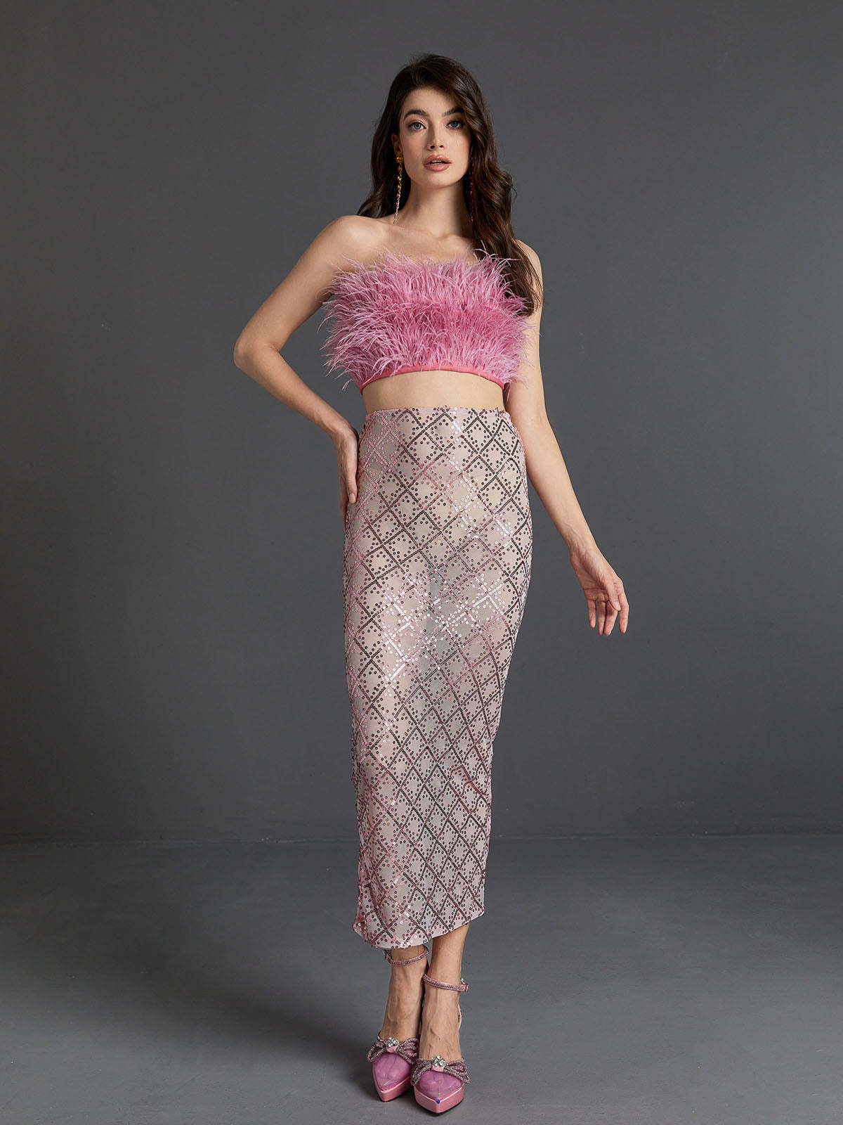 Ansley Strapless Feather Mesh Skirt Set In Pink | Mix Mix Style [Hot Seller]-Mix MIx Style