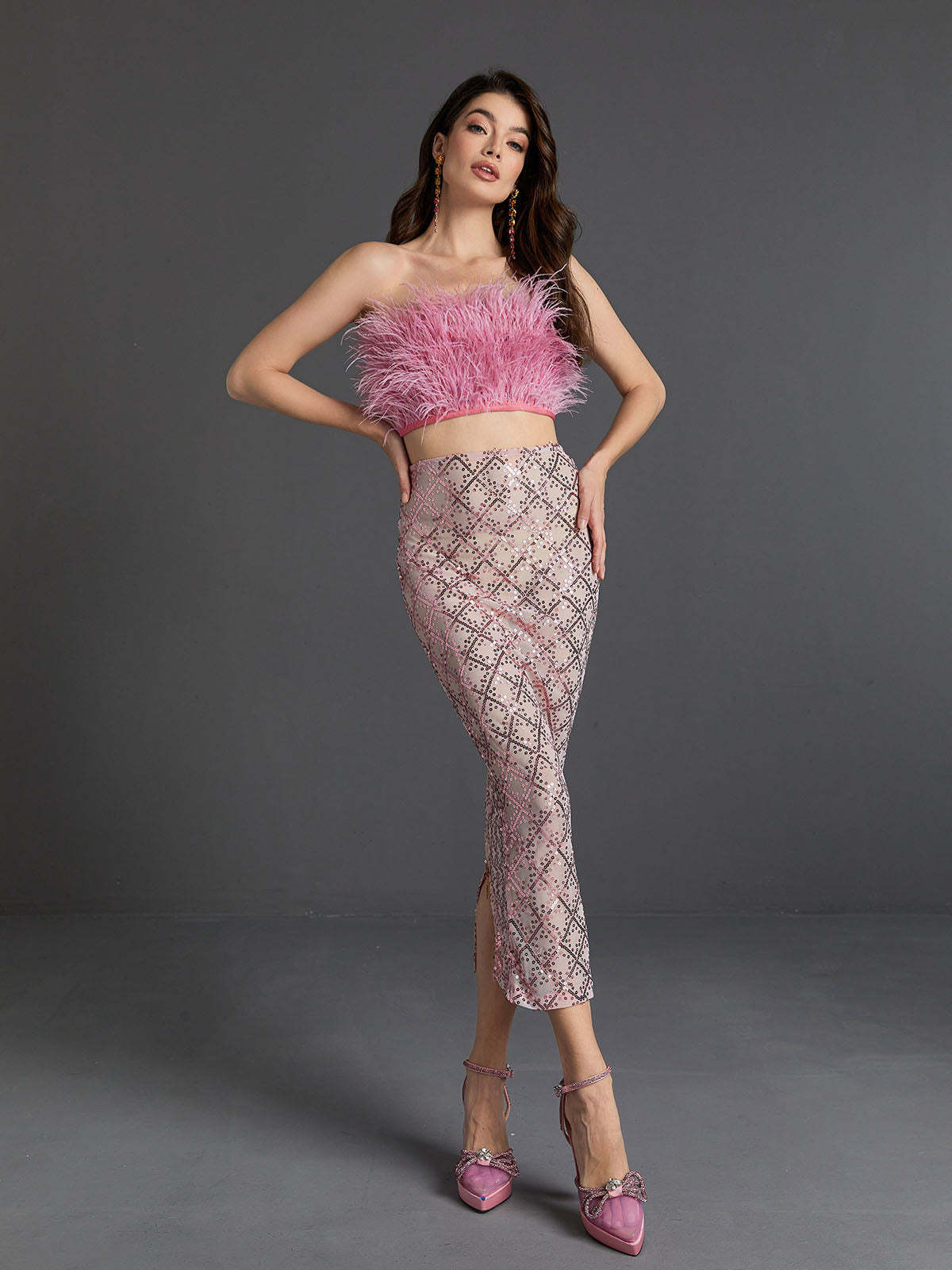 Ansley Strapless Feather Mesh Skirt Set In Pink | Mix Mix Style [Hot Seller]-Mix MIx Style