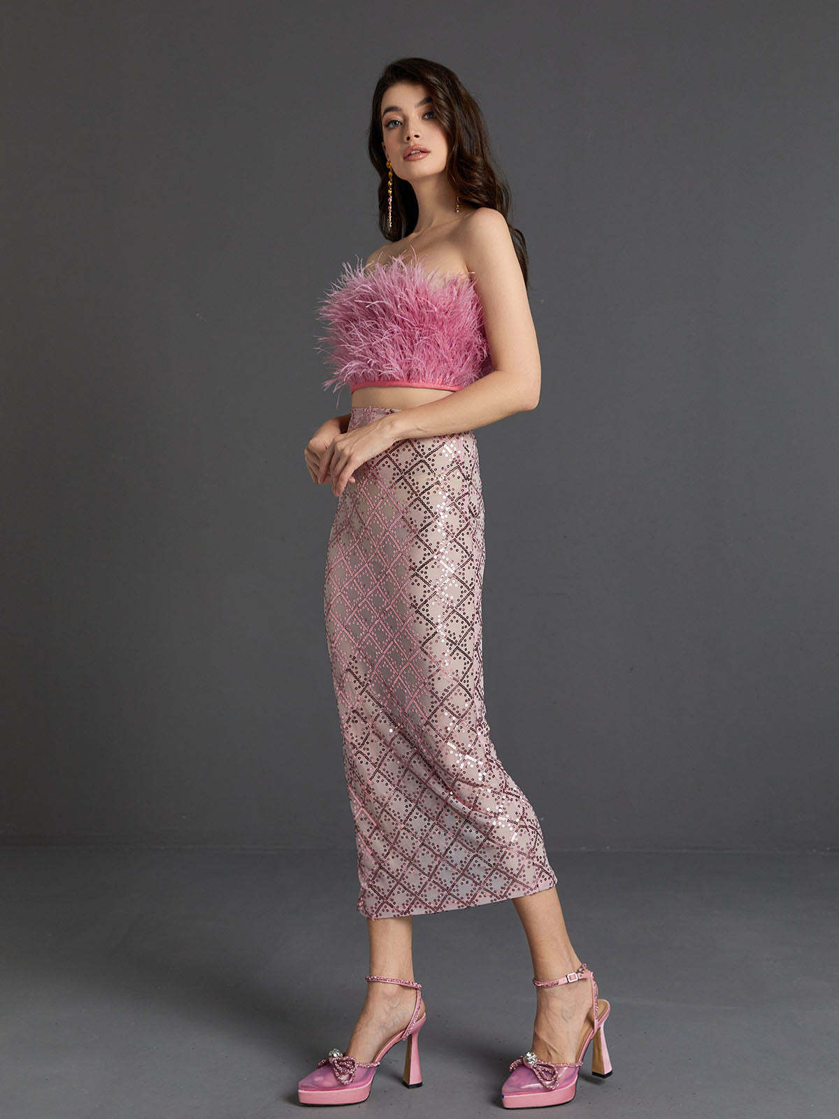 Ansley Strapless Feather Mesh Skirt Set In Pink | Mix Mix Style [Hot Seller]-Mix MIx Style