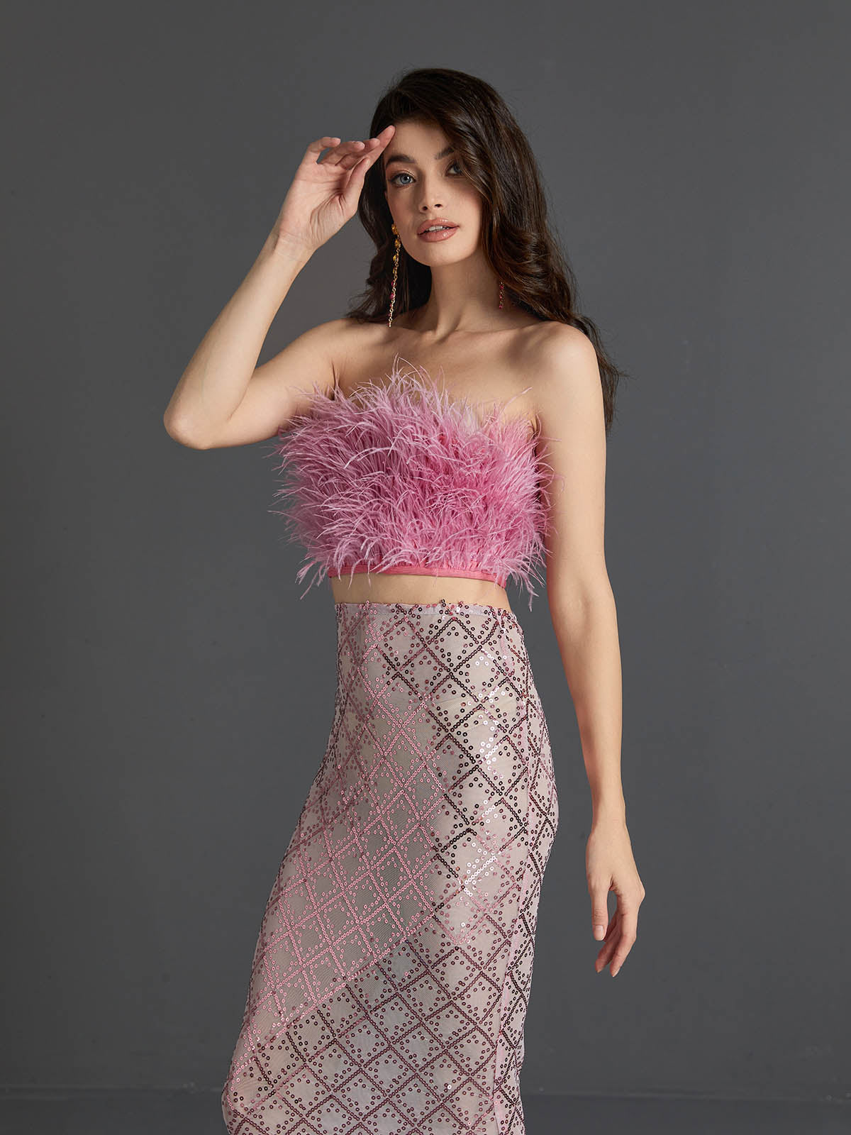 Ansley Strapless Feather Mesh Skirt Set In Pink | Mix Mix Style [Hot Seller]-Mix MIx Style