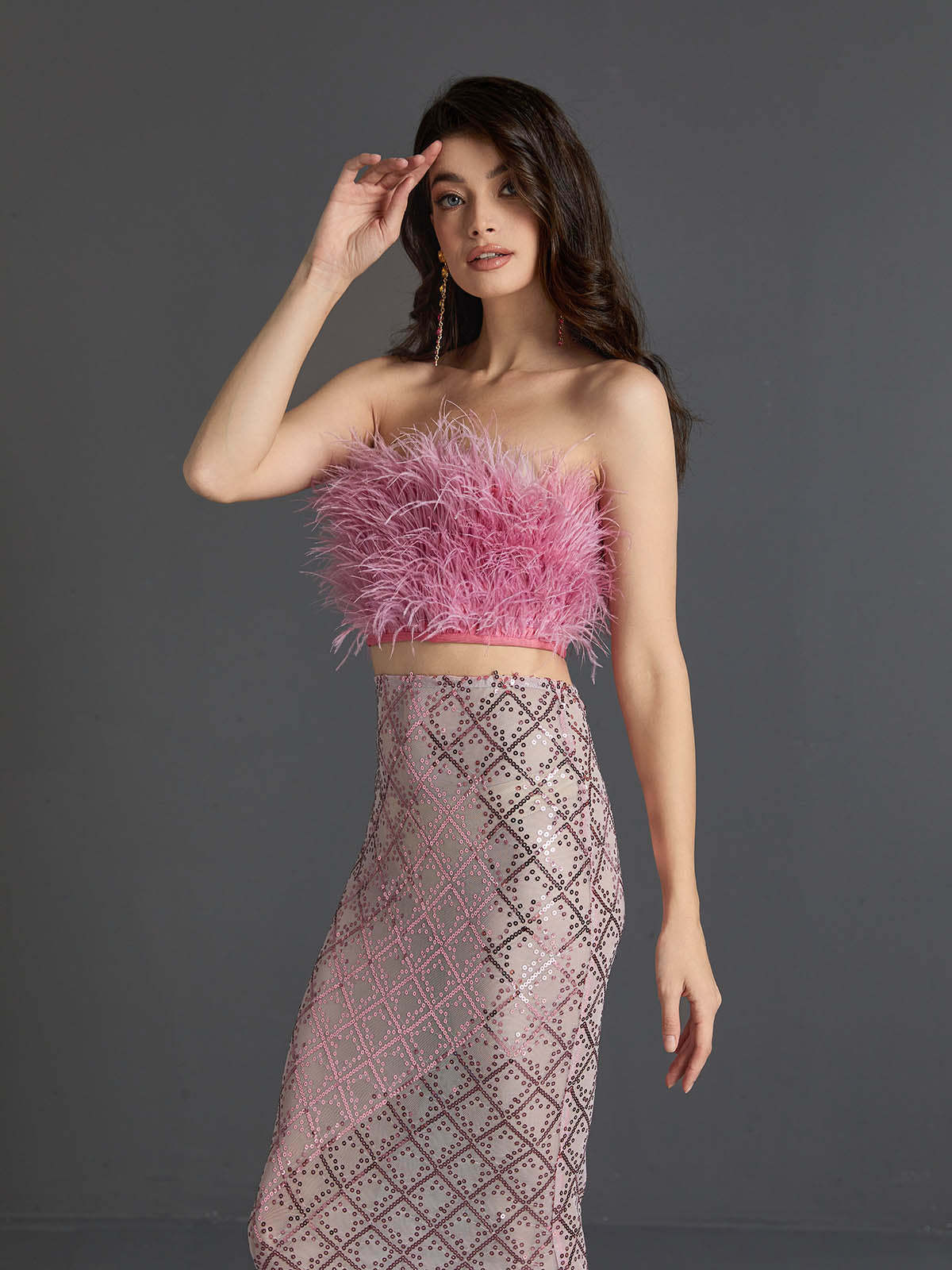 Ansley Strapless Feather Mesh Skirt Set In Pink | Mix Mix Style [Hot Seller]-Mix MIx Style