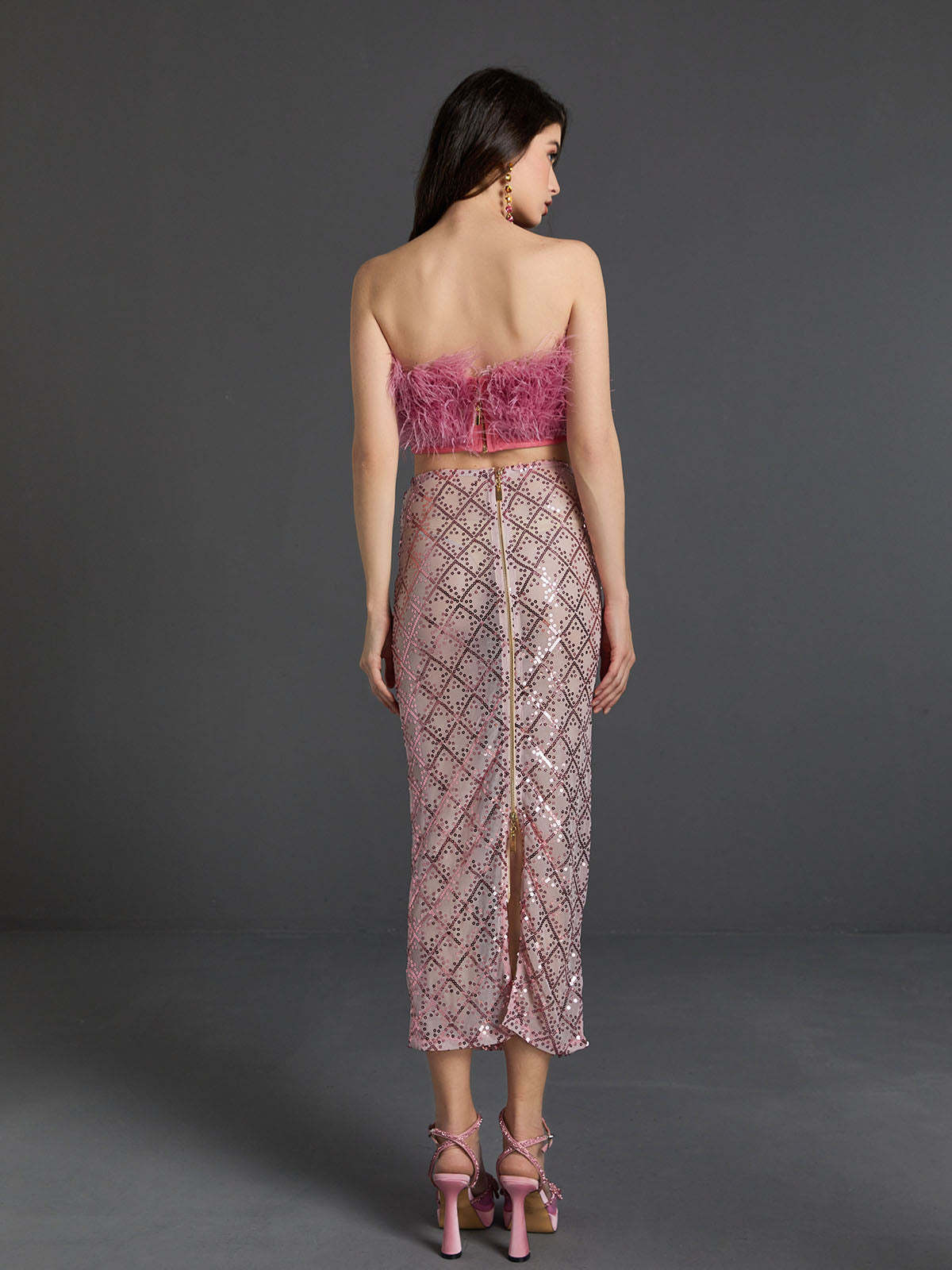 Ansley Strapless Feather Mesh Skirt Set In Pink | Mix Mix Style [Hot Seller]-Mix MIx Style