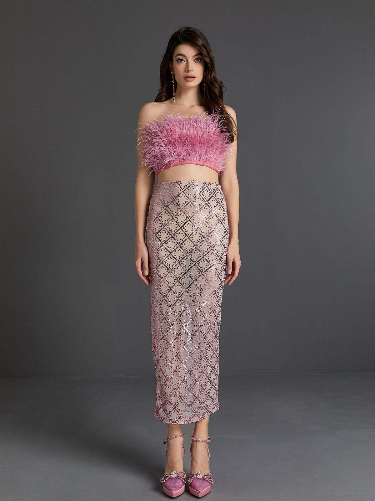 Ansley Strapless Feather Mesh Skirt Set In Pink | Mix Mix Style [Hot Seller]-Mix MIx Style