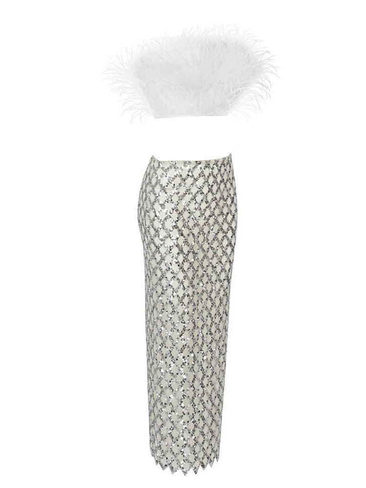 Strapless Feather Mesh Midi Skirt & Strapless Top Set In White | Mix Mix Style [Hot Seller]-Mix MIx Style