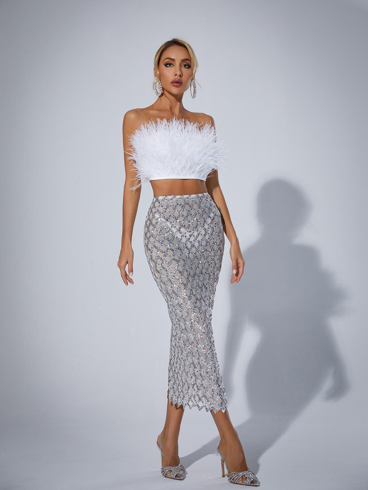 Strapless Feather Mesh Midi Skirt & Strapless Top Set In White | Mix Mix Style [Hot Seller]-Mix MIx Style