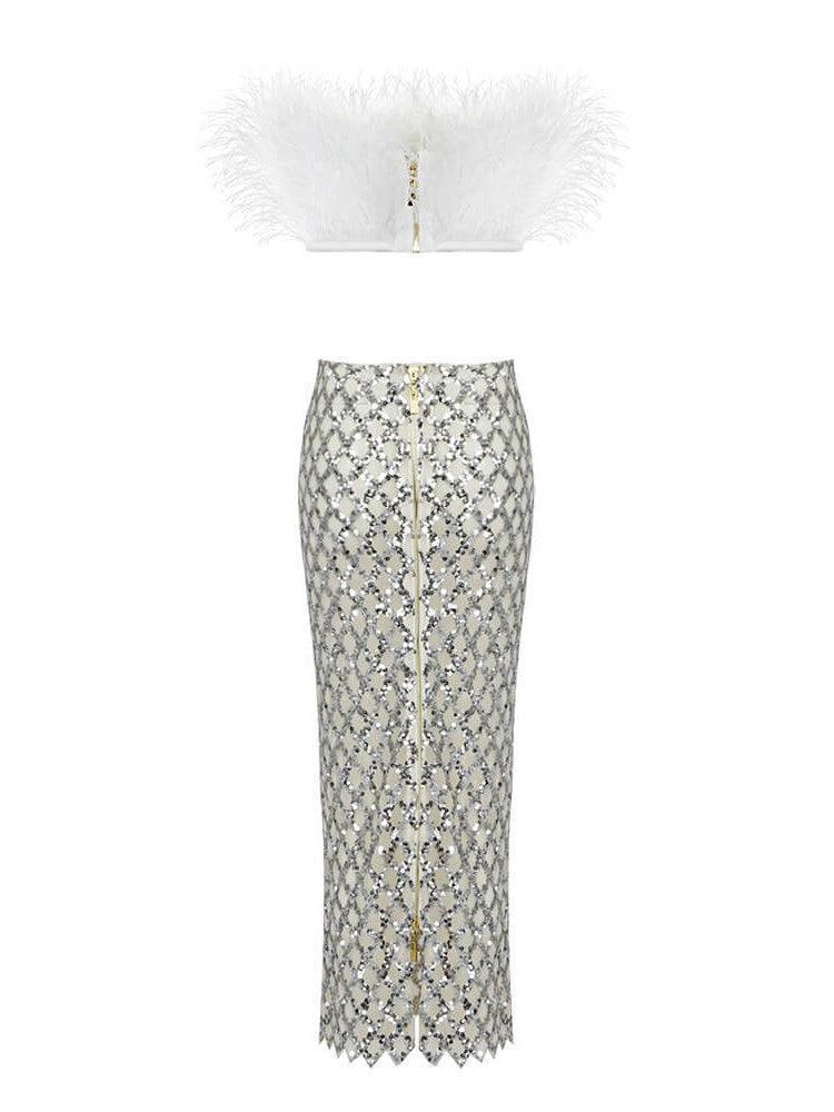 Strapless Feather Mesh Midi Skirt & Strapless Top Set In White | Mix Mix Style [Hot Seller]-Mix MIx Style