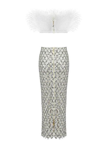 Strapless Feather Mesh Midi Skirt & Strapless Top Set In White | Mix Mix Style [Hot Seller]-Mix MIx Style