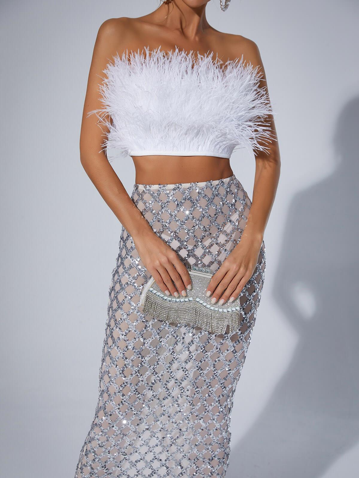Strapless Feather Mesh Midi Skirt & Strapless Top Set In White | Mix Mix Style [Hot Seller]-Mix MIx Style