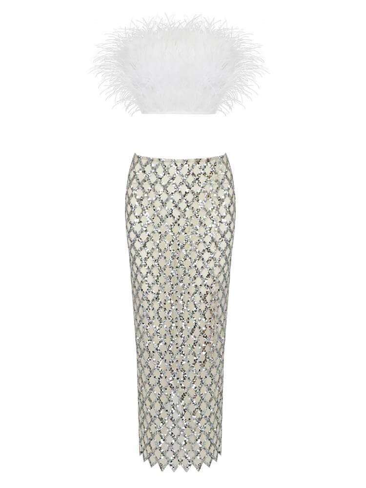 Strapless Feather Mesh Midi Skirt & Strapless Top Set In White | Mix Mix Style [Hot Seller]-Mix MIx Style