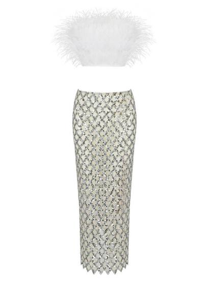 Strapless Feather Mesh Midi Skirt & Strapless Top Set In White | Mix Mix Style [Hot Seller]-Mix MIx Style