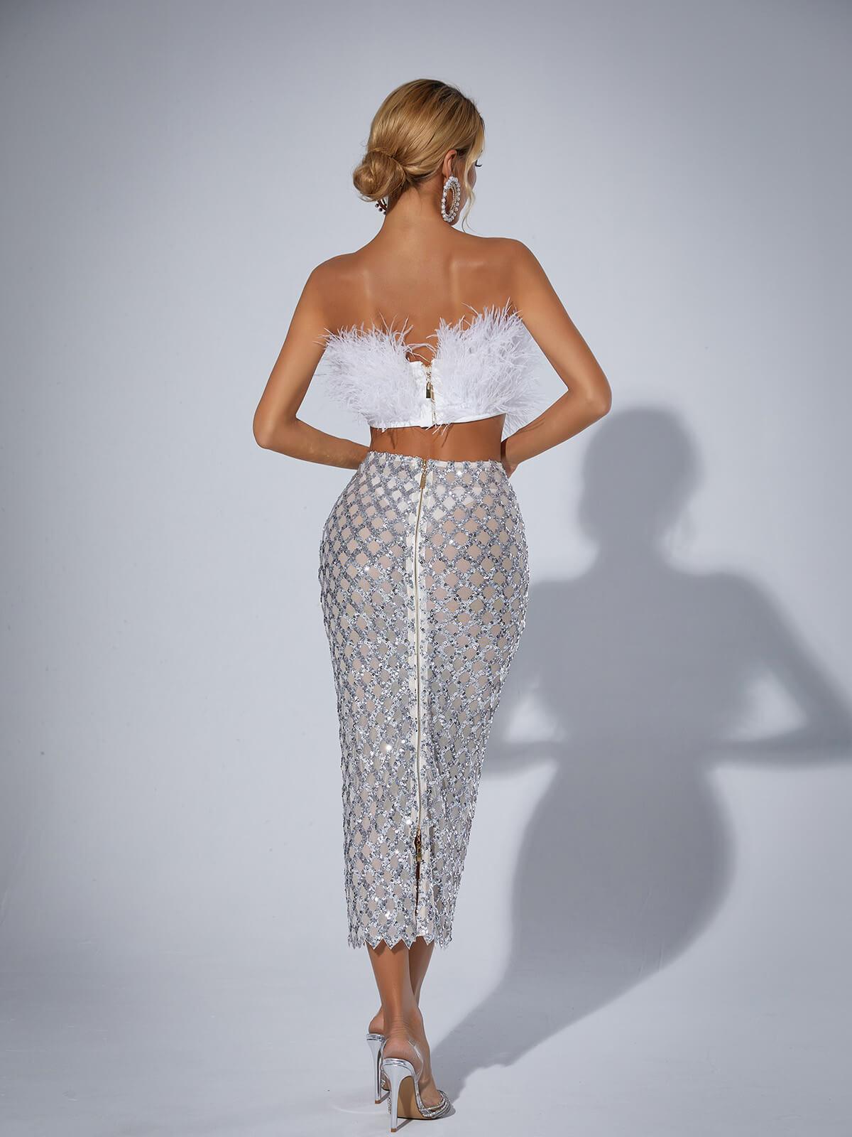 Strapless Feather Mesh Midi Skirt & Strapless Top Set In White | Mix Mix Style [Hot Seller]-Mix MIx Style