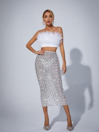 Strapless Feather Mesh Midi Skirt & Strapless Top Set In White | Mix Mix Style [Hot Seller]-Mix MIx Style