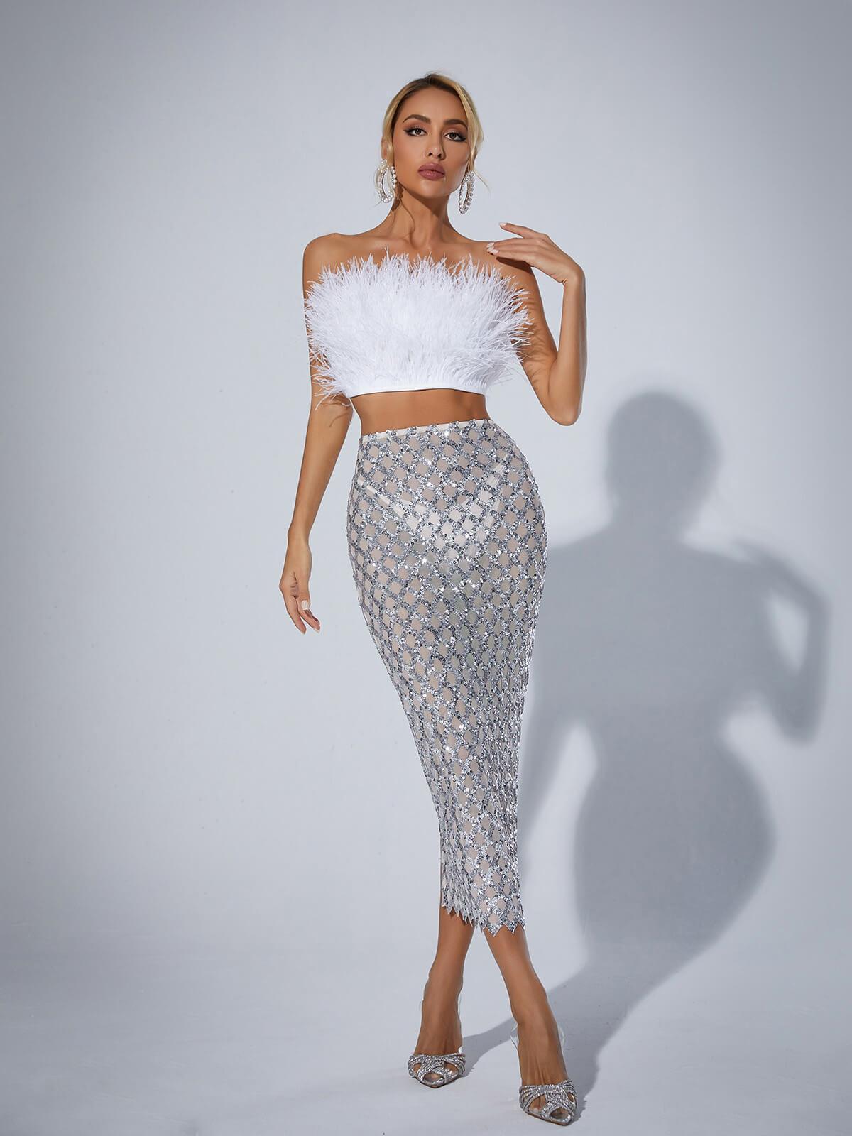 Strapless Feather Mesh Midi Skirt & Strapless Top Set In White | Mix Mix Style [Hot Seller]-Mix MIx Style