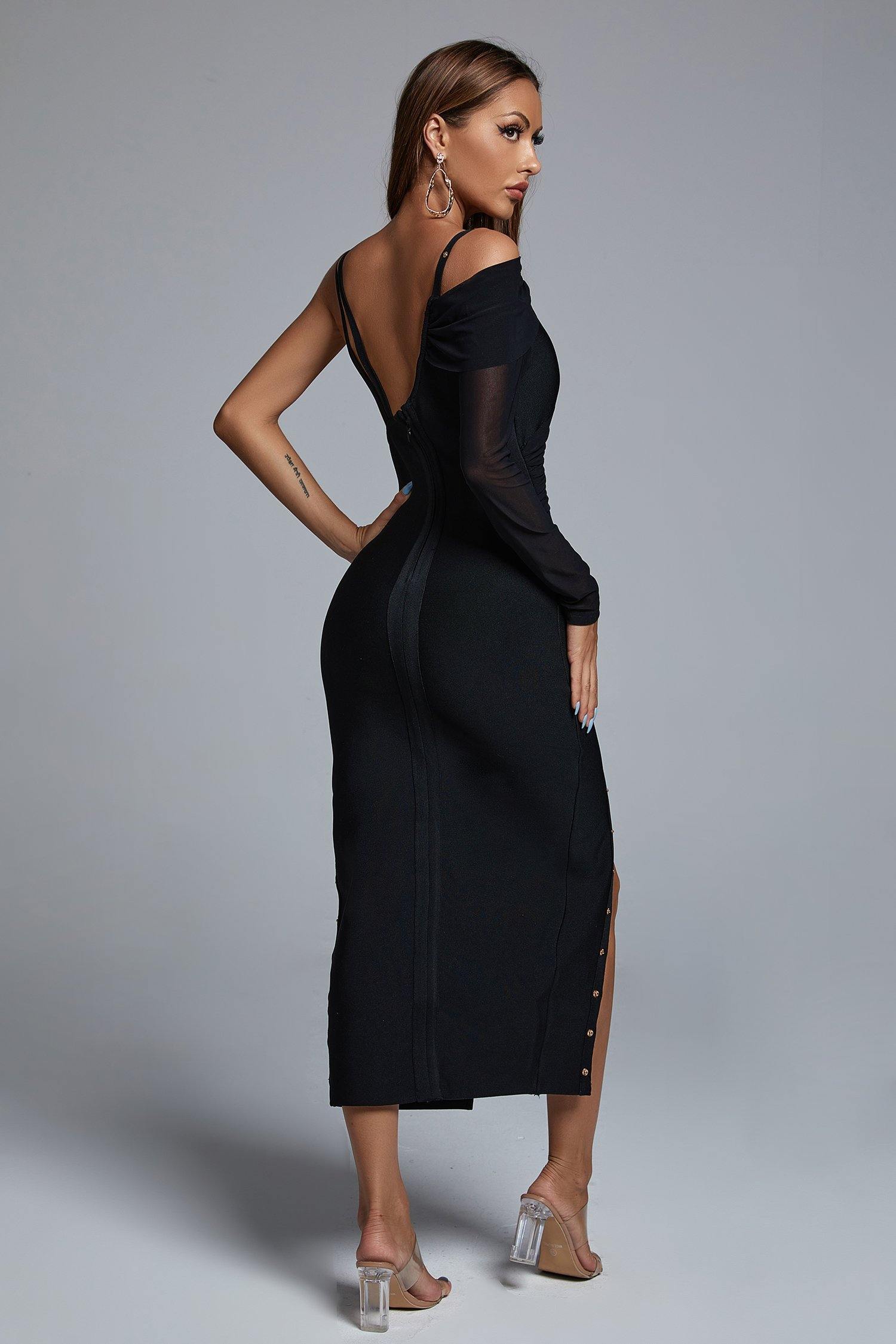 Black One Shoulder Slit Bandage Dress | Mix Mix Style [Hot Seller]-Mix MIx Style