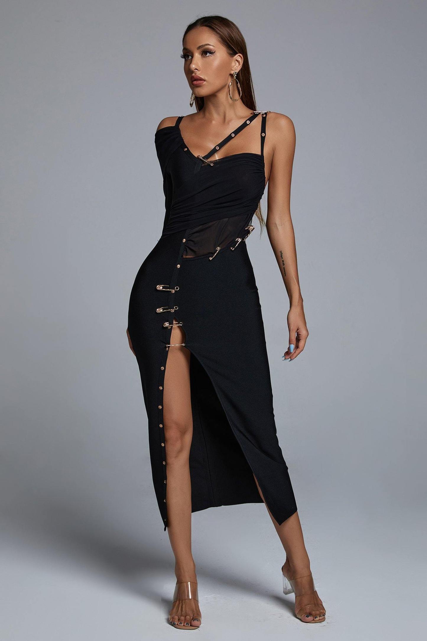Black One Shoulder Slit Bandage Dress | Mix Mix Style [Hot Seller]-Mix MIx Style
