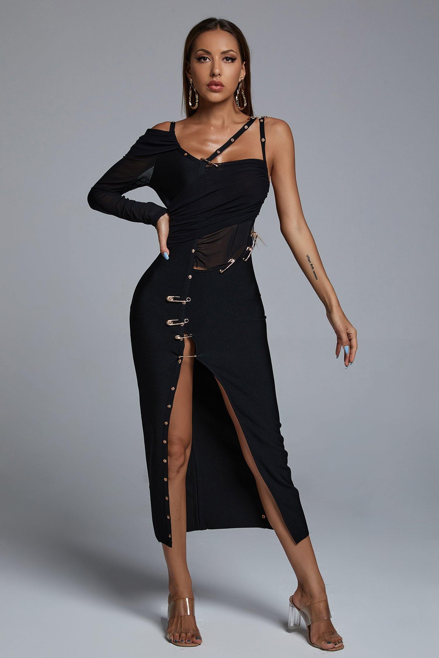 Black One Shoulder Slit Bandage Dress | Mix Mix Style [Hot Seller]-Mix MIx Style