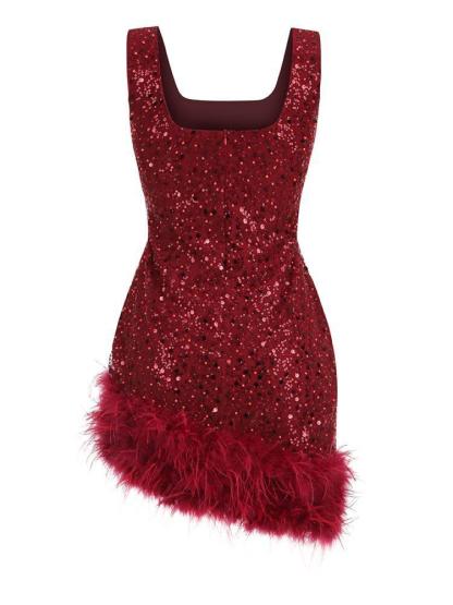 Sequin Feather Mini Dress In Red Wine | Mix Mix Style [Hot Seller]-Mix MIx Style