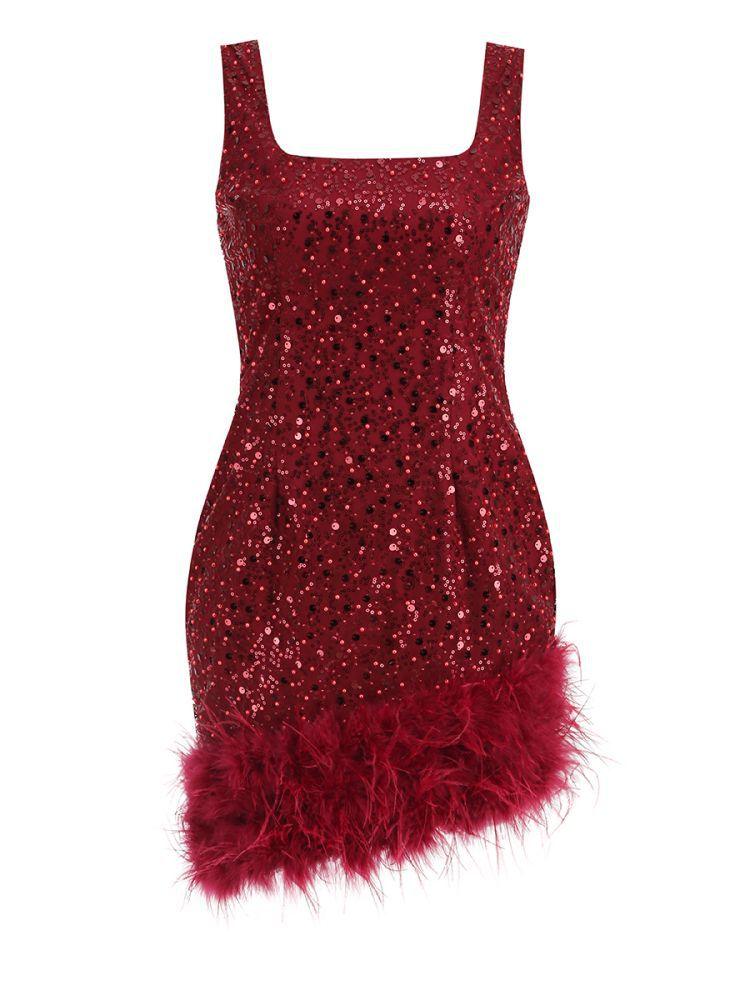 Sequin Feather Mini Dress In Red Wine | Mix Mix Style [Hot Seller]-Mix MIx Style