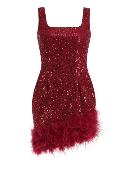 Sequin Feather Mini Dress In Red Wine | Mix Mix Style [Hot Seller]-Mix MIx Style
