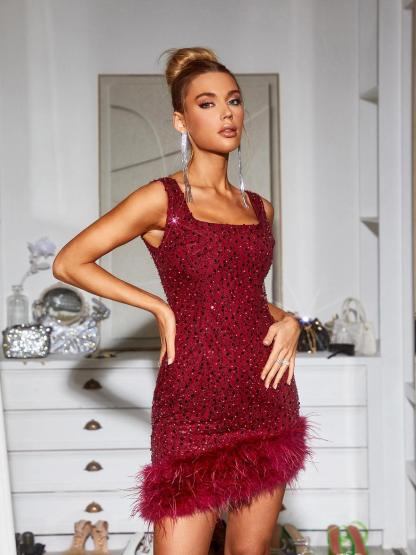 Sequin Feather Mini Dress In Red Wine | Mix Mix Style [Hot Seller]-Mix MIx Style