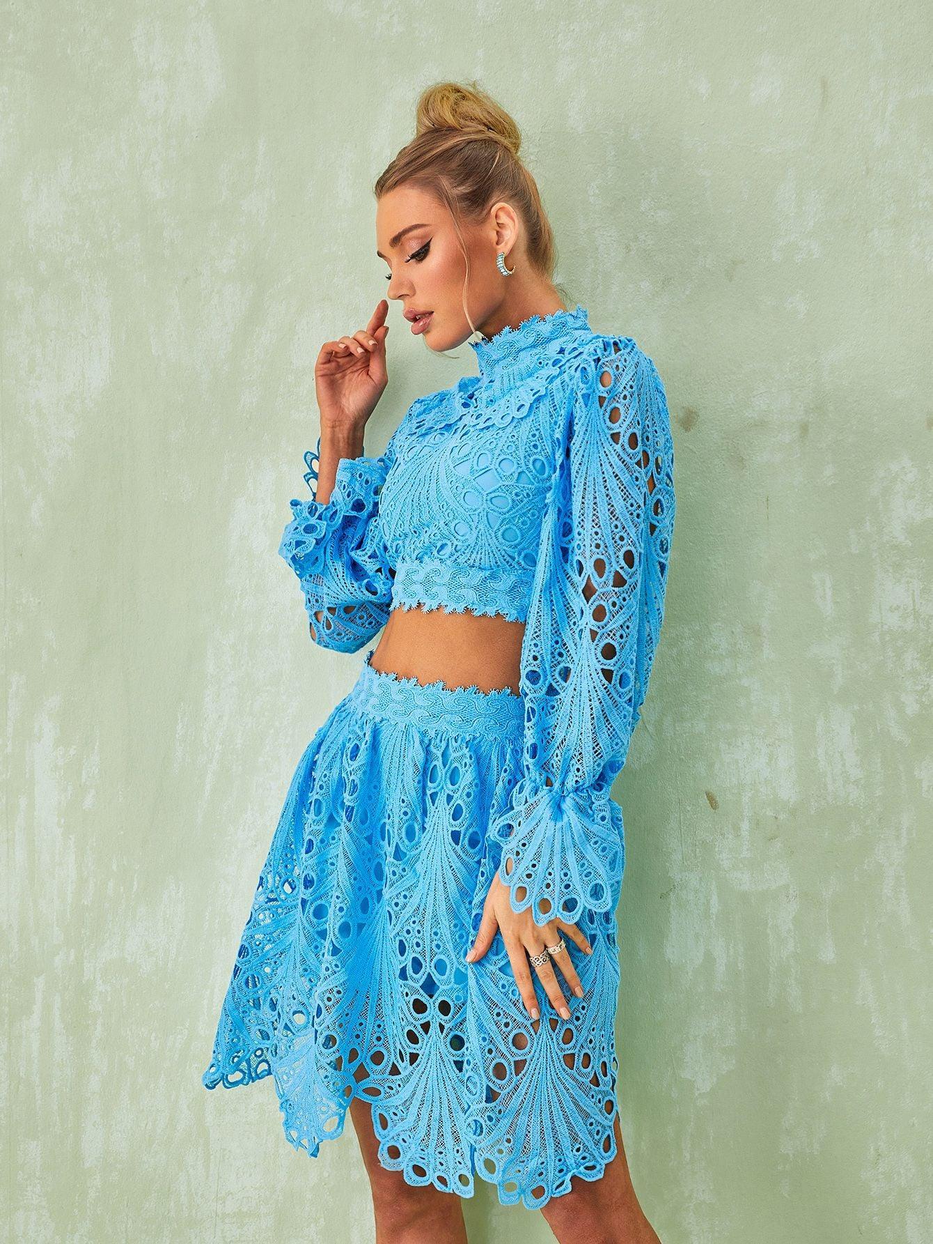 Lace Mini Skirt & Long Sleeve Top Set In Blue | Mix Mix Style [Hot Seller]-Mix MIx Style