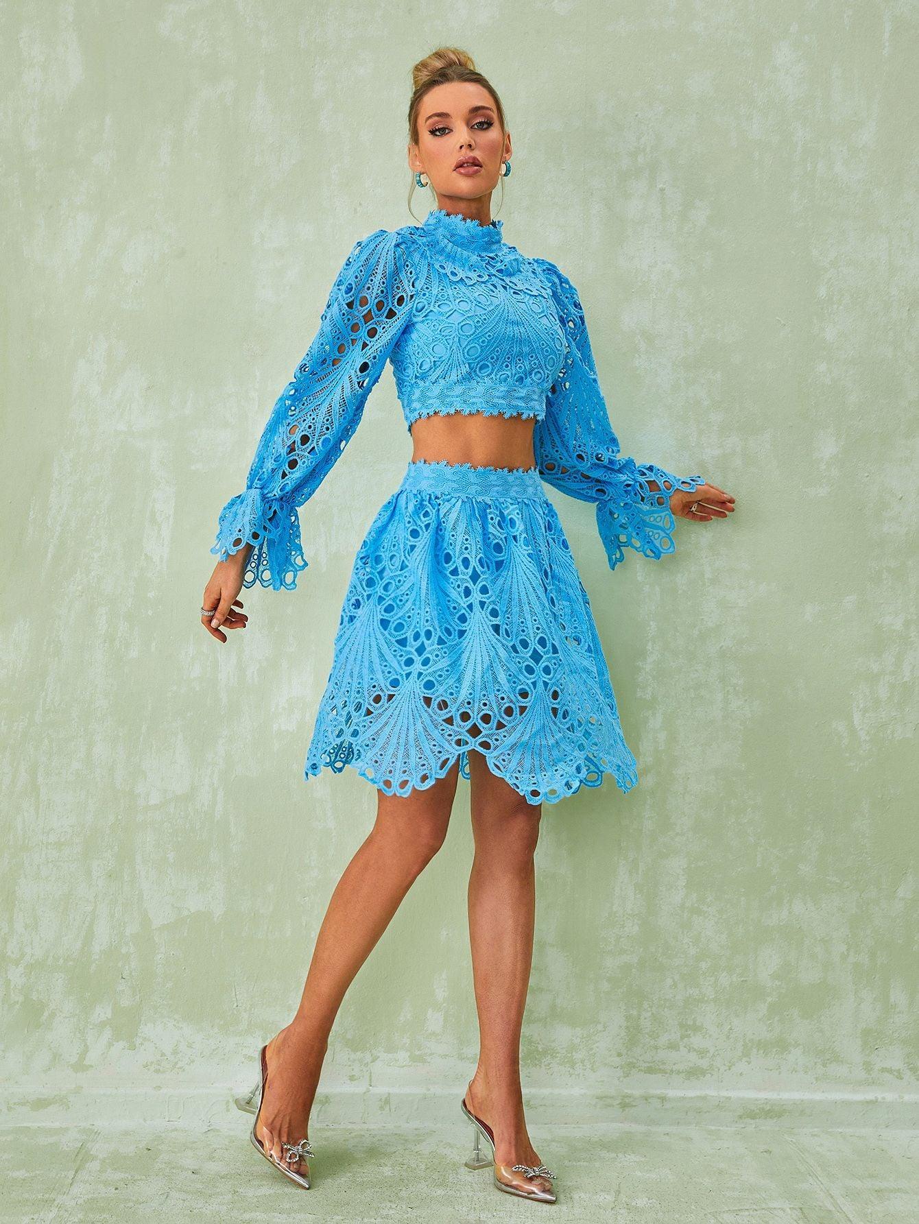 Lace Mini Skirt & Long Sleeve Top Set In Blue | Mix Mix Style [Hot Seller]-Mix MIx Style