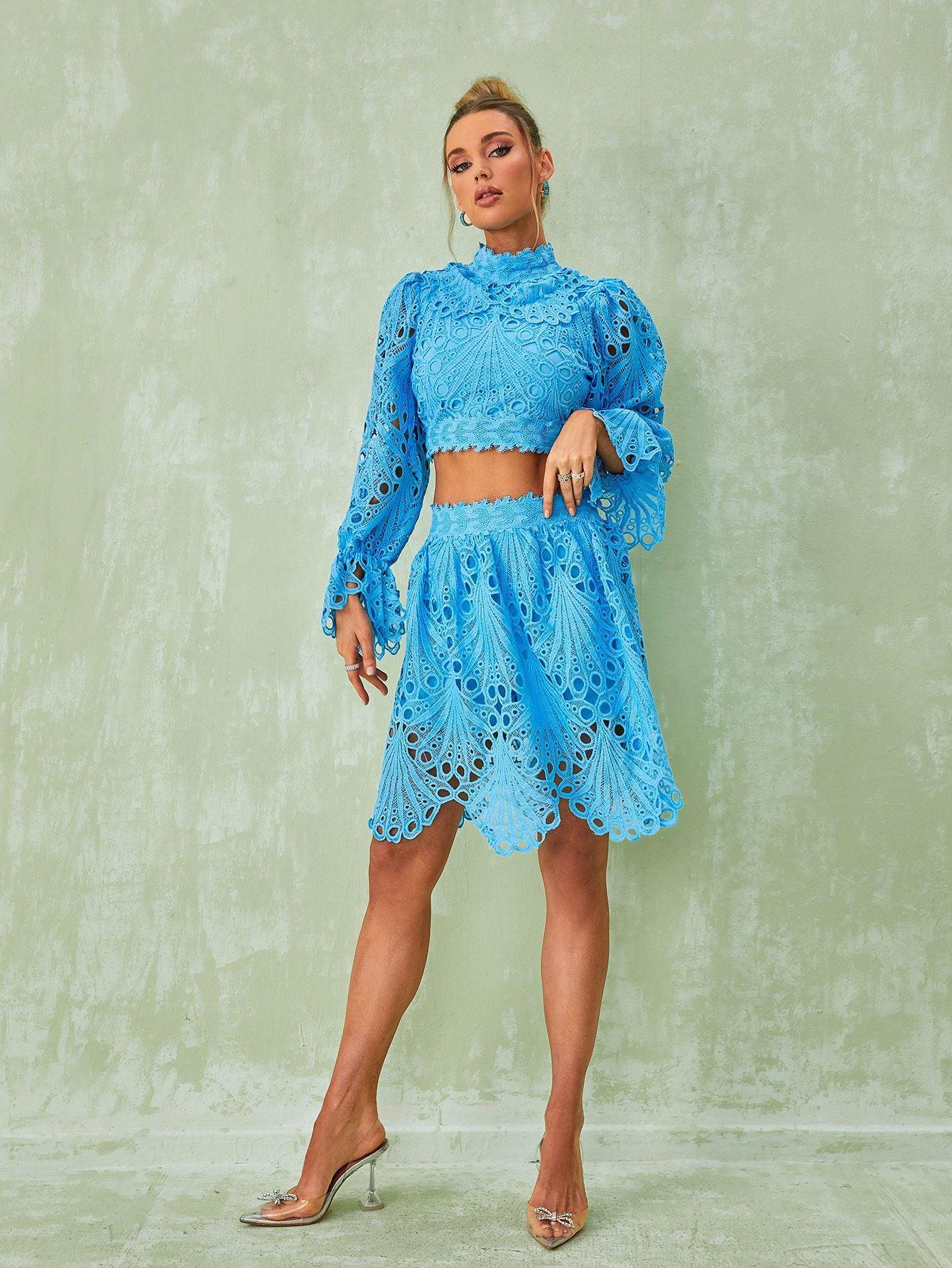 Lace Mini Skirt & Long Sleeve Top Set In Blue | Mix Mix Style [Hot Seller]-Mix MIx Style