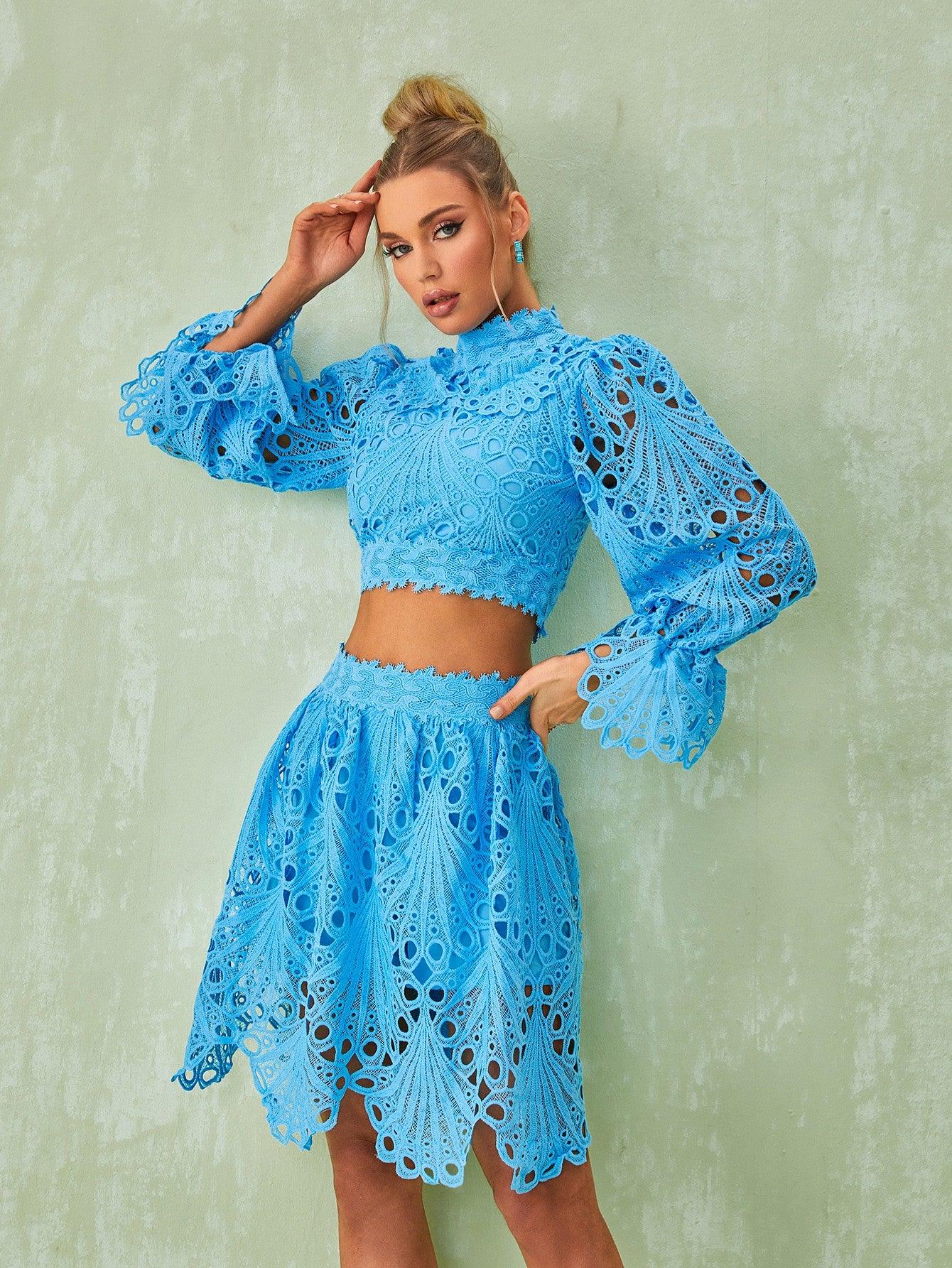 Lace Mini Skirt & Long Sleeve Top Set In Blue | Mix Mix Style [Hot Seller]-Mix MIx Style