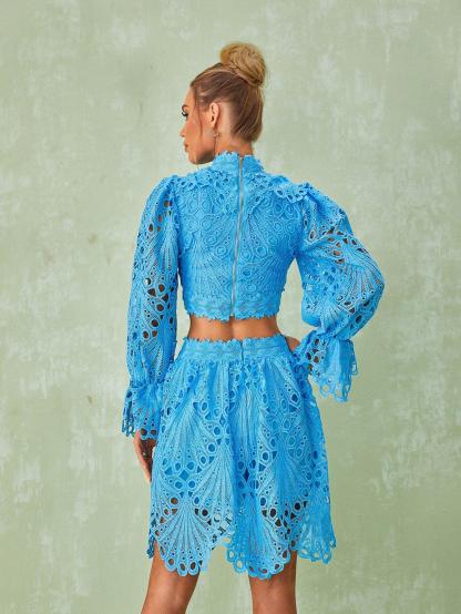 Lace Mini Skirt & Long Sleeve Top Set In Blue | Mix Mix Style [Hot Seller]-Mix MIx Style