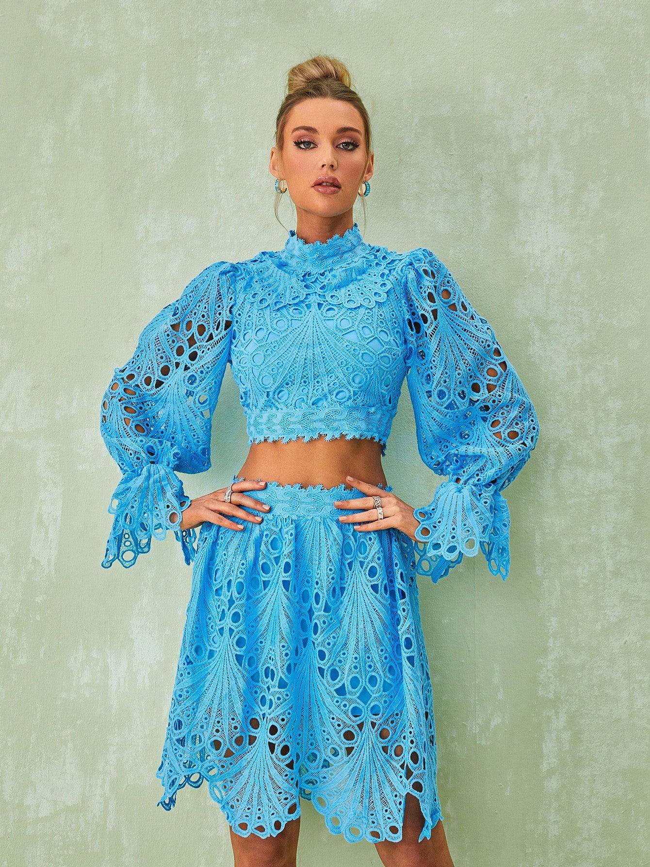 Lace Mini Skirt & Long Sleeve Top Set In Blue | Mix Mix Style [Hot Seller]-Mix MIx Style