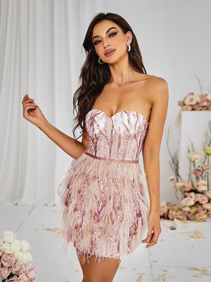 Ashlyn Strapless Feather Sequin Mini Dress-Mix MIx Style