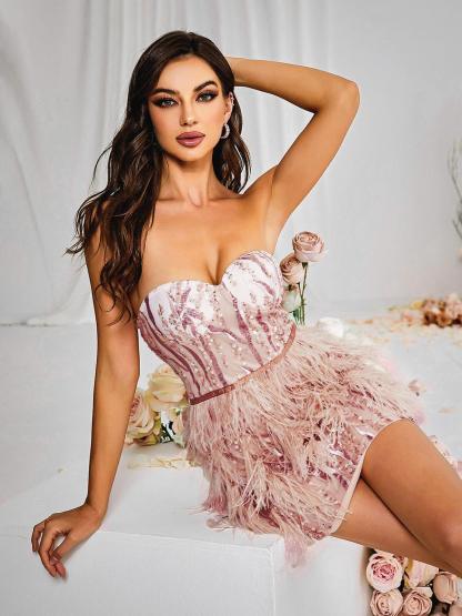 Ashlyn Strapless Feather Sequin Mini Dress-Mix MIx Style
