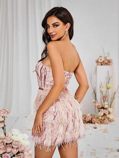 Ashlyn Strapless Feather Sequin Mini Dress-Mix MIx Style