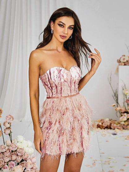 Ashlyn Strapless Feather Sequin Mini Dress-Mix MIx Style